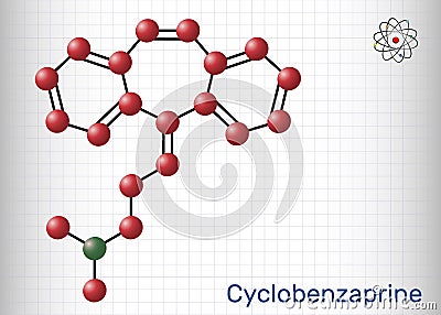 Cyclobenzaprine, molecule. It is centrally-acting muscle relaxant. Structural chemical formula and molecule model. Sheet of paper Vector Illustration