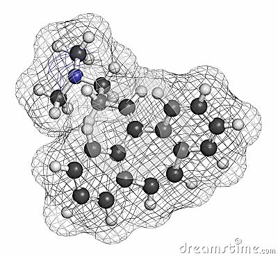 Cyclobenzaprine muscle spasm drug molecule. Atoms are represented as spheres with conventional color coding: hydrogen (white), Stock Photo