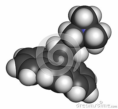 Cyclobenzaprine muscle spasm drug molecule. Atoms are represented as spheres with conventional color coding: hydrogen (white), Stock Photo