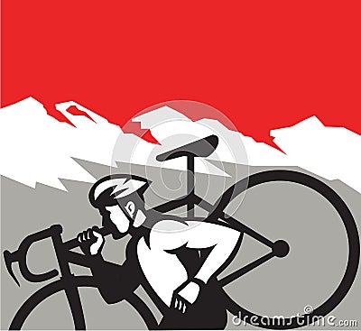 Cyclocross Athlete Running Carrying Bike Alps Retro Vector Illustration