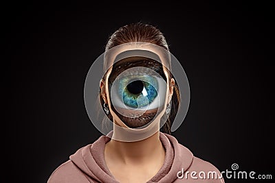 Cyclops girl, huge eye in female head. The concept of intuition, premonition, seventh sense. Surrealism Stock Photo