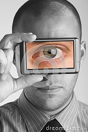 Cyclops man holding visual display device Stock Photo