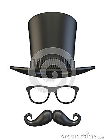 Cylinder hat, eyeglasses and moustaches 3D Cartoon Illustration