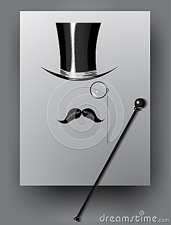 Cylinder, moustache, monocle and cane Vector Illustration