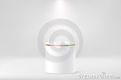 Cylinder podium with golden frame, 3D white platform for product display in showroom Vector Illustration
