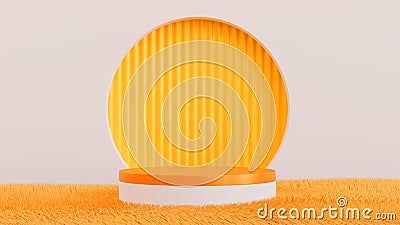 Cylinder podium on soft furry carpet with circle niche wall, stage for product, 3D rendering Stock Photo