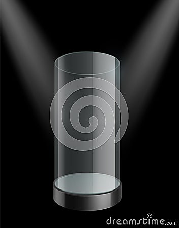 Cylinder showcase glass. Plastic empty case under spotlights. Clear realistic mockup. Product presentation stand Vector Illustration