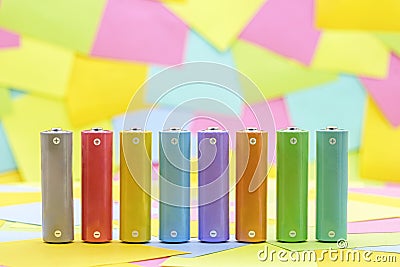 Cylindrical batteries of various colors Stock Photo