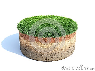 Cylindrical cross section of ground with grass, ecology, geology concept, soil sample isolated on white, 3d illustration Cartoon Illustration