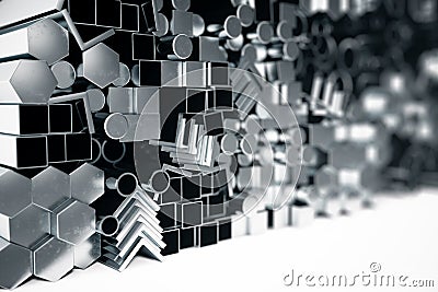 Cylindrical metal steel profiles, hexagonal metal steel profiles, square metal steel profiles. Different stainless steel Cartoon Illustration