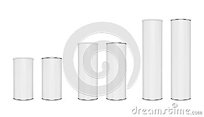 Cylindrical package for chips, tea or wine. Realistic vector mockup set of closed and opened cans. Vector Illustration