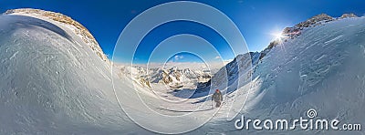 360 Cylindrical panorama of mountain hiker to climb a mountain o Stock Photo