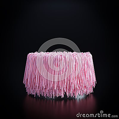 Cylindrical podium with long pink threads on dark background Stock Photo