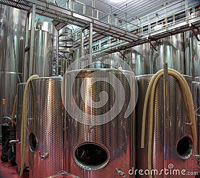 Cylindrical Stainless Steel Tanks Used in Winemaking Stock Photo