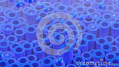 Cylindrical tubes and balls. Beautiful blue color and surface texture. Good background for your motion design. 3d Stock Photo