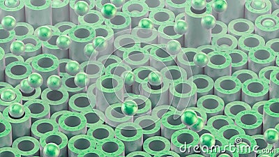 Cylindrical tubes and balls. Beautiful green color and surface texture. Good background for your motion design. 3d render Cartoon Illustration