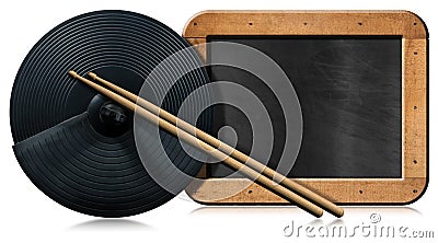 Cymbal of an Electronic Drum Kit with Drumsticks and Empty Blackboard Stock Photo
