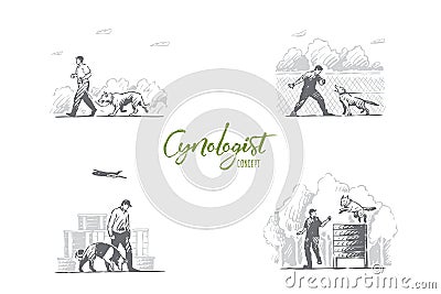 Cynologist - special people training dogs outdoors vector concept set Vector Illustration