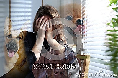 Cynophobia concept. Double exposure of scared woman and dogs Stock Photo