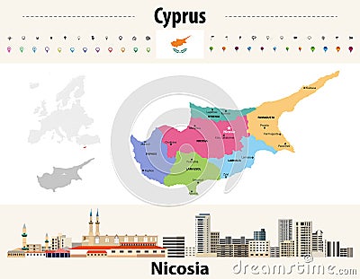 Cyprus administrative divisions map with main cities. Flag of Cyprus. Nicosia cityscape. Vector illustration Vector Illustration