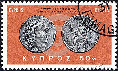 CYPRUS - CIRCA 1966: A stamp printed in Cyprus shows silver coin of Alexander the Great, circa 1966. Editorial Stock Photo