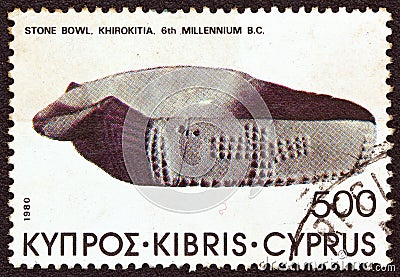 CYPRUS - CIRCA 1980: A stamp printed in Cyprus shows stone bowl, Khirokitia 6th millenium B.C., circa 1980. Editorial Stock Photo