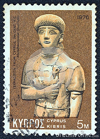 CYPRUS - CIRCA 1976: A stamp printed in Cyprus shows a terracotta from 7th century BC found in Cyprus, circa 1976. Editorial Stock Photo