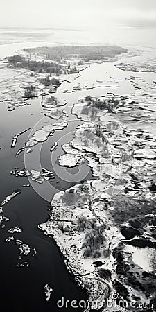 Black And White Aerial View Photography Of Winter Swamp And Water Stock Photo