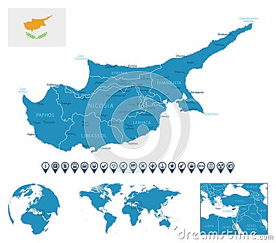 Cyprus - detailed blue country map with cities, regions, location on world map and globe. Infographic icons Cartoon Illustration