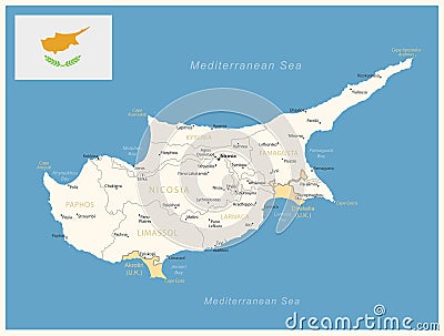 Cyprus - detailed map with administrative divisions and country flag Cartoon Illustration