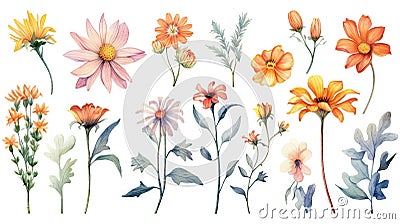 Cyprus Flowers Watercolor Collection on Clean White Background . Stock Photo