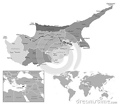 Cyprus - highly detailed black and white map. Vector Illustration