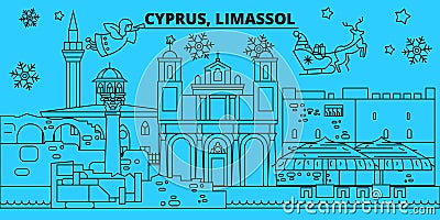Cyprus, Limassol winter holidays skyline. Merry Christmas, Happy New Year decorated banner with Santa Claus.Cyprus Vector Illustration