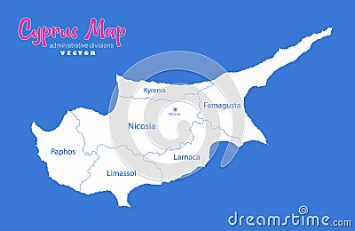 Cyprus map, administrative divisions whit names regions, blue background Vector Illustration