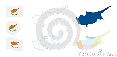 Cyprus map. Detailed blue outline and silhouette. Administrative divisions and districts. Country flag. Set of vector maps. All is Vector Illustration