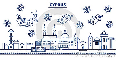 Cyprus winter city skyline. Merry Christmas, Happy New Year decorated Vector Illustration