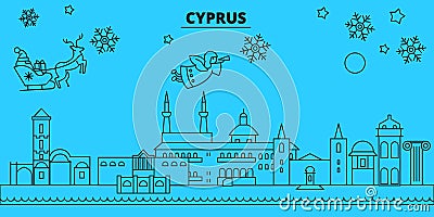 Cyprus winter holidays skyline. Merry Christmas, Happy New Year decorated banner with Santa Claus.Cyprus linear Vector Illustration