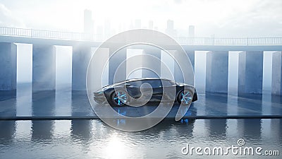 Czarny futurystyczny elektryczny samochód na nadbrzeżu Miastowa mgła Pojęcie przyszłość Realistyczna 4K animacja royalty ilustracja Czarny futurystyczny elektryczny samochód na nadbrzeżu Miastowa mgła Pojęcie przyszłość Realistyczna 4K animacja royalty ilustracja