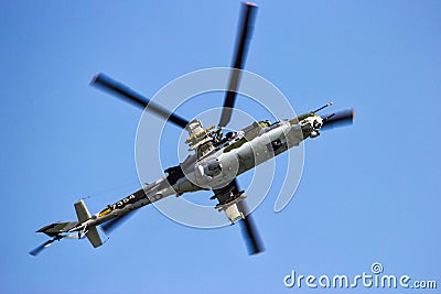 Czech Air Force Mi-24 Hind attack helicopter in flight over Berlin-Schonefeld. Berlin, Germany - May 22, 2014 Editorial Stock Photo
