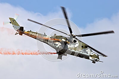 Czech Air Force Mil Mi-35 Hind attack helicopter in flight at Kleine-Brogel Airbase. Belgium - September 13, 2014 Stock Photo