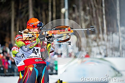 Czech biathlete Gabriela Soukalova standing on the shooting range during Czech Biat Editorial Stock Photo