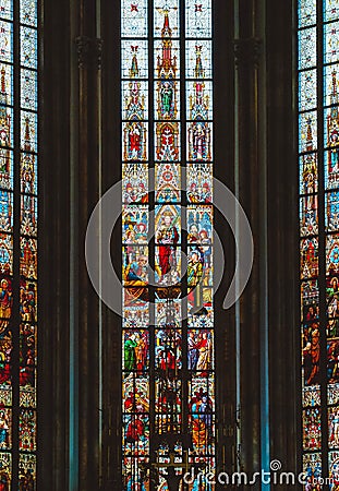 Czech, Brno, Cathedral colorful sainted glass decoration. Gothic Stock Photo