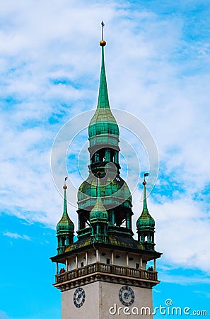 Czech, Brno, Cathedral tower on the blue sky. Beautiful gothic c Stock Photo