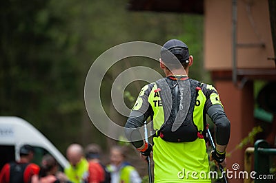 Czech Republic, Beskydy: May 2019. Perun Sky Marathon. Runner approaching refreshment station Editorial Stock Photo