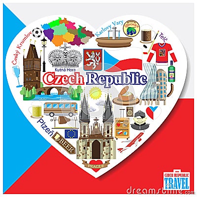 Czech Republic love. Vector icons and symbols set of landmarks in form of heart Vector Illustration