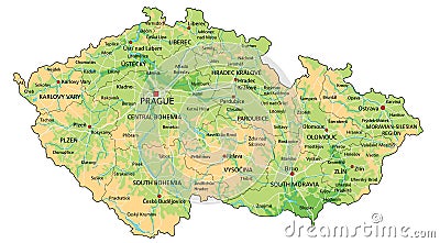 High detailed Czech Republic physical map with labeling. Vector Illustration