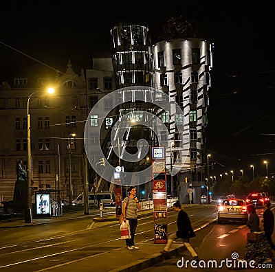 Czech Republic, Prague - June 2017. View of the streets of the night city. Dancing House Editorial Stock Photo