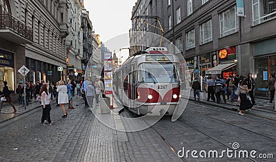 Czech Republic, Prague, October 15 2017, Gray-red tram in Prague Editorial Stock Photo