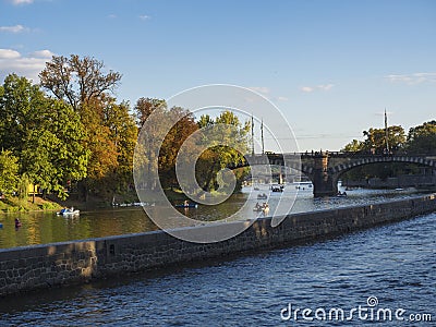 Czech Republic, Prague , September 8, 2018: View on Legion Bridge, Strelecky ostrov island and Vltava river, Moldau and houses on Editorial Stock Photo