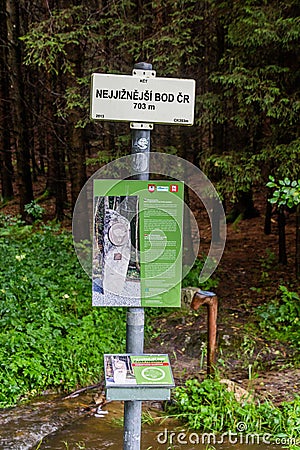 CZECHIA - AUGUST 4, 2020: Information pole at the southernmost point of the Czech Republ Editorial Stock Photo